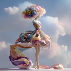 Surreal Fashion Art Dress Made of Colorful Ribbons and Clouds – Dreamy Fantasy Concept