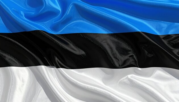 Waving Estonian Flag Blue Black White Horizontal Stripes Textured Fabric National Symbol Independence Day Baltic Country - Powered by Adobe