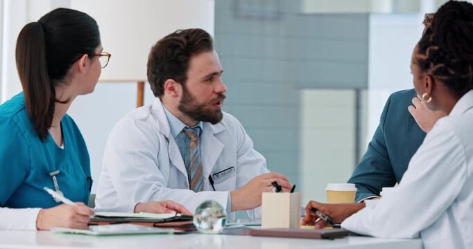 Tablet, doctors and hospital manager in meeting, discussion or update ideas for medical protocol. Healthcare, policy change and people brainstorming for care optimization, tech or address complaint
