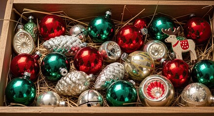 Vintage Christmas Ornaments Displayed in Wooden Box with Hay and Rustic Decorations