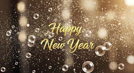 Happy New Year Celebration Glittering Bubbles and Confetti