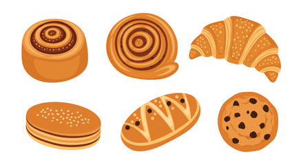 A delightful assortment of freshly baked pastries including cinnamon rolls, croissants, cookies, and bread, perfect for breakfast or a sweet treat.