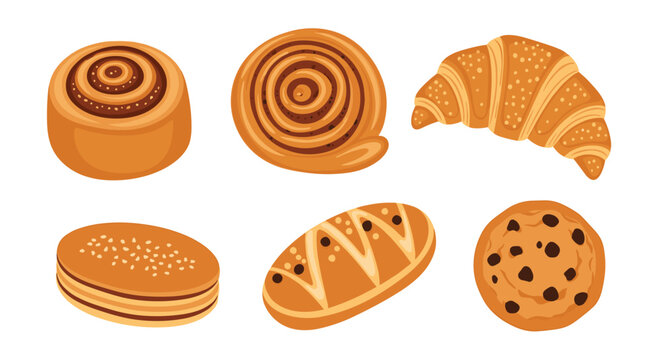 A delightful assortment of freshly baked pastries including cinnamon rolls, croissants, cookies, and bread, perfect for breakfast or a sweet treat.