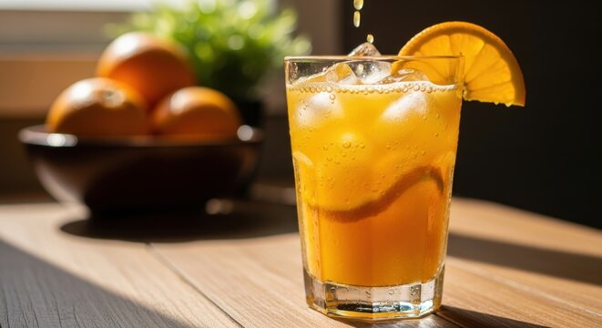 A glass of bright orange beverage with ice and an orange slice garnish is featured in a close-up shot, with droplets falling into the drink and a bowl of whole oranges visible in the soft background l