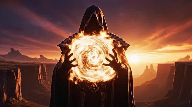 Dark hooded figure conjuring mystical fiery orb and flames at sunset in desert canyon with dramatic sky, casting powerful magical fire spell creating intense mystical atmosphere