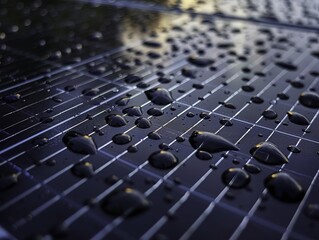 Close-up of water droplets on a solar panel surface