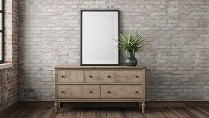 Poster frame displayed on a vintage chest of drawers, suitable backdrop for modern interior design