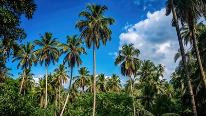 Naklejka premium Palm trees under a clear blue sky, ideal for travel and relaxation