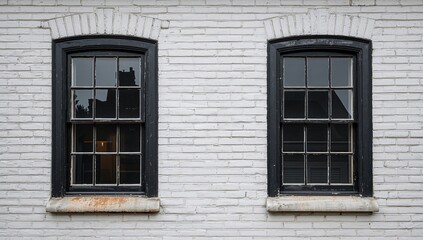 Fototapeta premium Two aged windows with dark, worn frames against a light brick wall, highlighting preservation