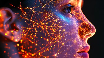 A digital artwork of a face composed of glowing particles and complex connections, suggesting cybernetic or artificial intelligence enhancements.