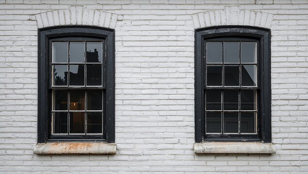 Two aged windows with dark, worn frames against a light brick wall, highlighting preservation