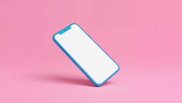 Mockup of a blue smartphone on a pink surface, potential for advertising use,