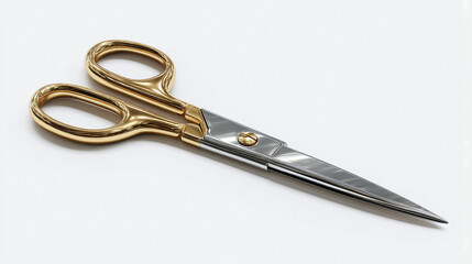 Obraz premium A pair of gold handled and silver bladed scissors lying on a white surface