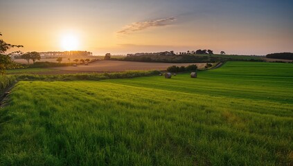 Fototapeta premium Rural landscape featuring agricultural cultivation and hay bales at sunset, highlighting seasonal change
