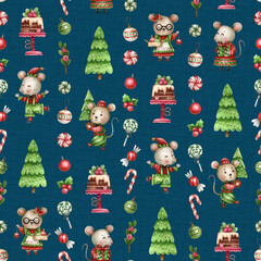Watercolor seamless Christmas pattern with cute mice, cakes, trees, and ornaments on dark blue background. Hand-painted festive design perfect for wrapping paper, fabric prints, and holiday home decor