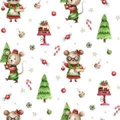 Fototapeta premium Watercolor seamless Christmas pattern with cute mice, trees, cakes, and ornaments. Hand-painted festive design perfect for wrapping paper, fabric prints, wallpaper, and cozy holiday decor.