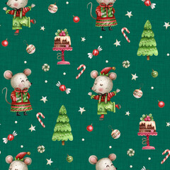 Watercolor Christmas mice seamless pattern with gifts, Christmas trees, cakes, ornaments, candy canes and stars on green background, cute festive holiday illustration