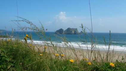 A picturesque coastal scene featuring a blue sky and tranquil sea, vibrant flowers enhance the sandy beach, summer vacation atmosphere.