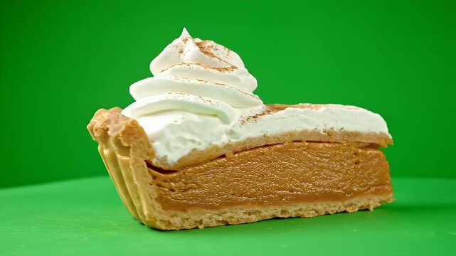 Creamy pumpkin pie slice with whipped cream on green background.