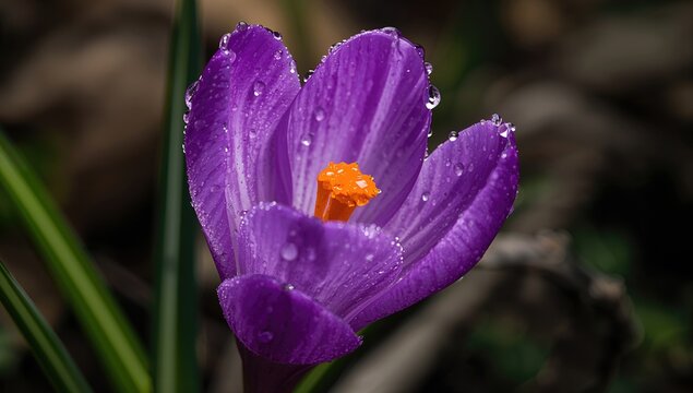 Closeup macro image of a purple crocus flower adorned with dew drops, showcasing intricate petal details, seasonal change
