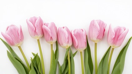 Fototapeta premium Pink tulips against a white backdrop for a Valentine's Day postcard