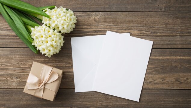 Greeting card mockup featuring a gift box, envelope, and hyacinth flowers on a wooden surface, suitable for spring celebrations