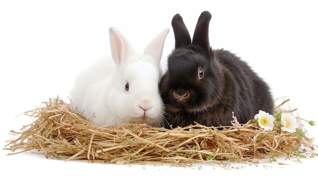 Two contrasting rabbits nestled in hay on a plain white backdrop with flowers and grass, symbolizing spring and new life