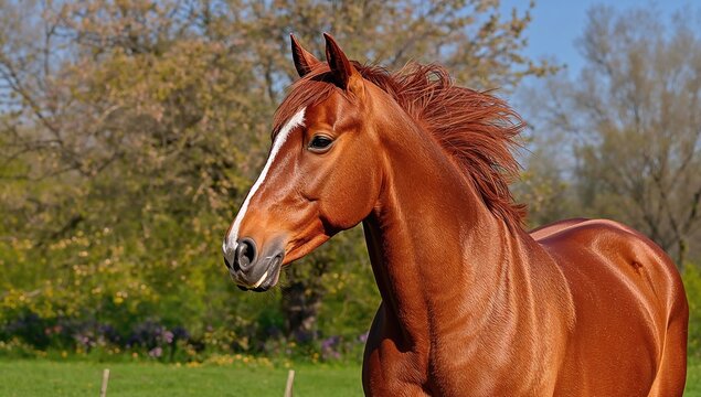 Portrait of an elegant chestnut Budyonny horse during the spring season, highlighting seasonal change