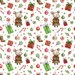 Watercolor seamless Christmas pattern with cute mouse, gifts, ornaments, and candy canes. Hand-painted festive design perfect for wrapping paper, fabric prints, and holiday decor.