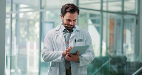 Happy, doctor and man in hospital, tablet and typing with connection, internet and healthcare. Person, medical service and professional in clinic, tech and research with email for online schedule - Powered by Adobe