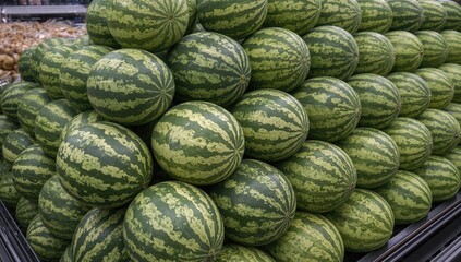 Fototapeta premium Stacked Watermelons in a Grocery Store, a fiber-dense choice