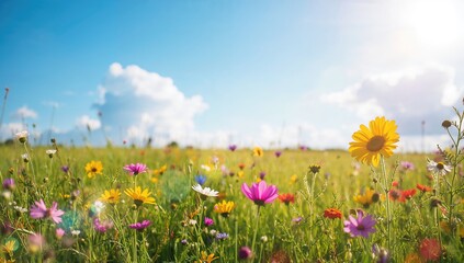Fototapeta premium Summer-themed backdrop featuring bokeh lights and a colorful flower meadow, ideal for seasonal designs