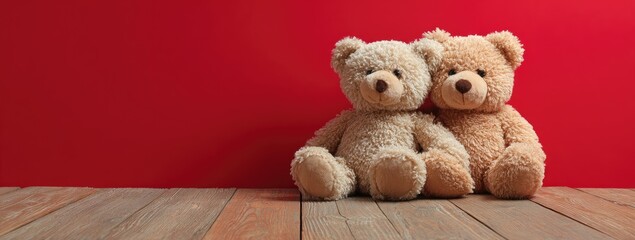Two plush toys, one light brown, the other darker, embrace on a wooden surface with a red background