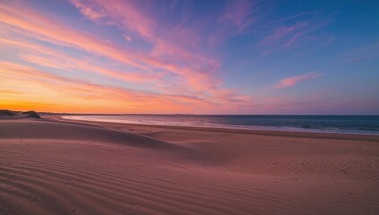 Obraz premium Seaside view featuring sand dunes and a vibrant sunset sky, highlighting seasonal change