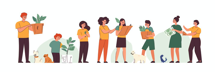 Diverse volunteers participating in charity fundraising donation and environmental care activities with plants and pets in flat minimalist style vector illustration