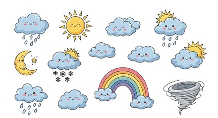 Obraz premium Cute Weather Icons Set with Smiling Faces and Elements.