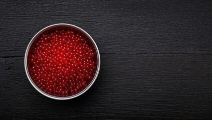 Red caviar presented in a metal bowl on a dark wooden surface, gourmet delicacy for upscale dining
