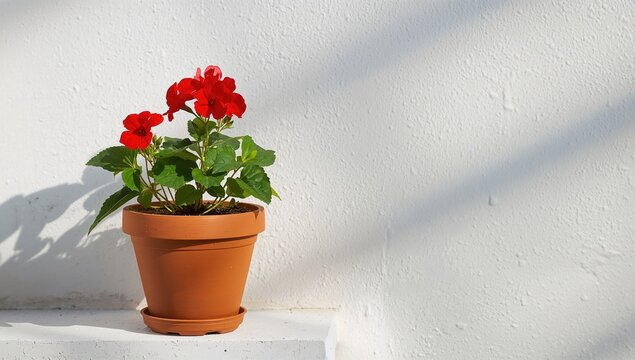 Red geranium in a pot against a whitewashed wall, ideal for outdoor decoration, December