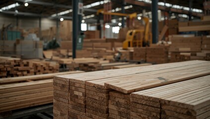 Wooden timber stacked at a sawmill, operational efficiency