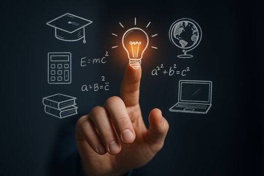 Human finger touching glowing lightbulb icon surrounded by educational and scientific chalk-style sketches on dark background, symbolizing knowledge concept. Ai generative