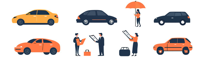 Flat minimalist vector illustration set of diverse people reviewing car documents, various passenger cars and person holding umbrella for auto insurance concept and vehicle protection ideas