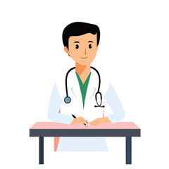 Fototapeta premium Male doctor with stethoscope writing prescription or notes at desk medical professional flat style vector illustration healthcare consultation concept