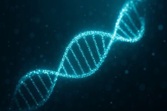 Glowing digital DNA double helix structure made of particles on dark blue background representing genetic science and biotechnology concept. Ai generative