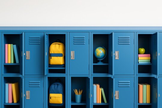Neatly arranged blue school lockers with backpacks, books, globe, stationery, and apple representing education and science concept background. Ai generative - Powered by Adobe