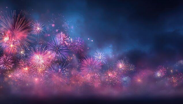 Colorful fireworks display against a dark blue sky, illuminated by bright bursts of light