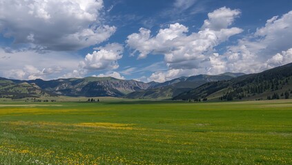 Fototapeta premium Scenic spring mountain valley featuring lush green pastures and surrounding peaks, seasonal change