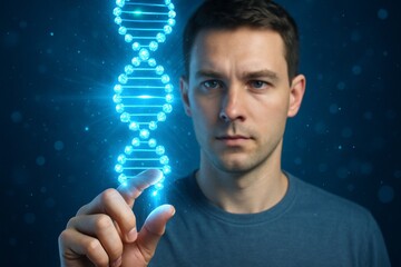 Man interacting with glowing digital DNA strand in futuristic science and education concept on dark blue background with technology interface effect. Ai generative