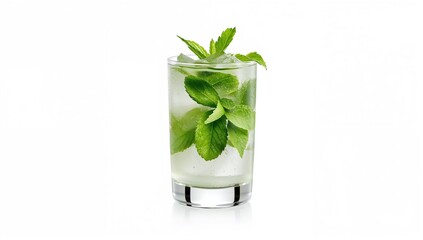 Mint-infused cocktail (Mojito) on a plain white backdrop, refreshing drink option