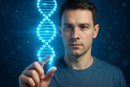 Man interacting with glowing digital DNA strand in futuristic science and education concept on dark blue background with technology interface effect. Ai generative