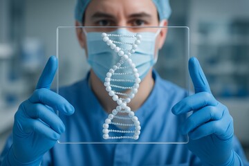 Scientist in protective gear holding a transparent display with DNA strand model, symbolizing biotechnology and genetic research concept in lab environment. Ai generative